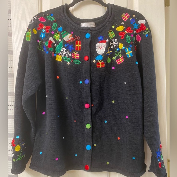 Mandal Bay Festive Black Holiday Cardigan with Colorful Embellishments Size XL - Picture 3 of 16